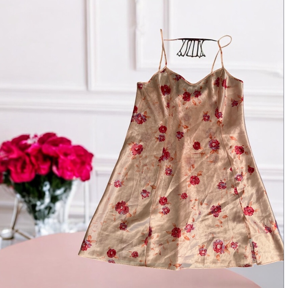 Private‎ Luxuries Pink Floral Satin Slip Dress Women’s M Midi Nightgown